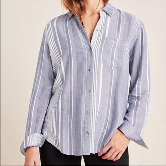 Anthropologie Maeve Blue Chatham Striped Button Down Shirt Size Medium - Picture 1 of 9